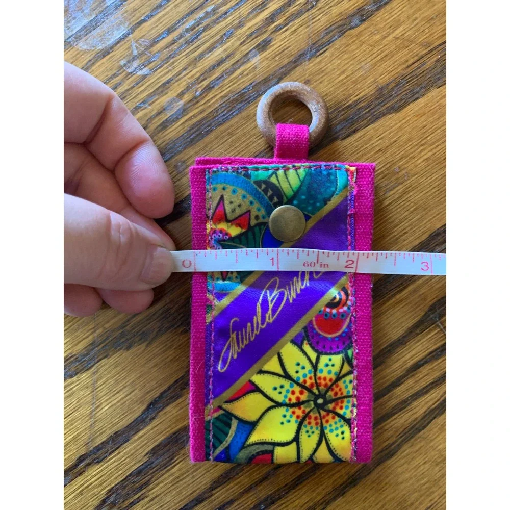 Laurel Burch Pink Canvas Floral Fold Over Keychain Fob Wood Ring Snap Closure